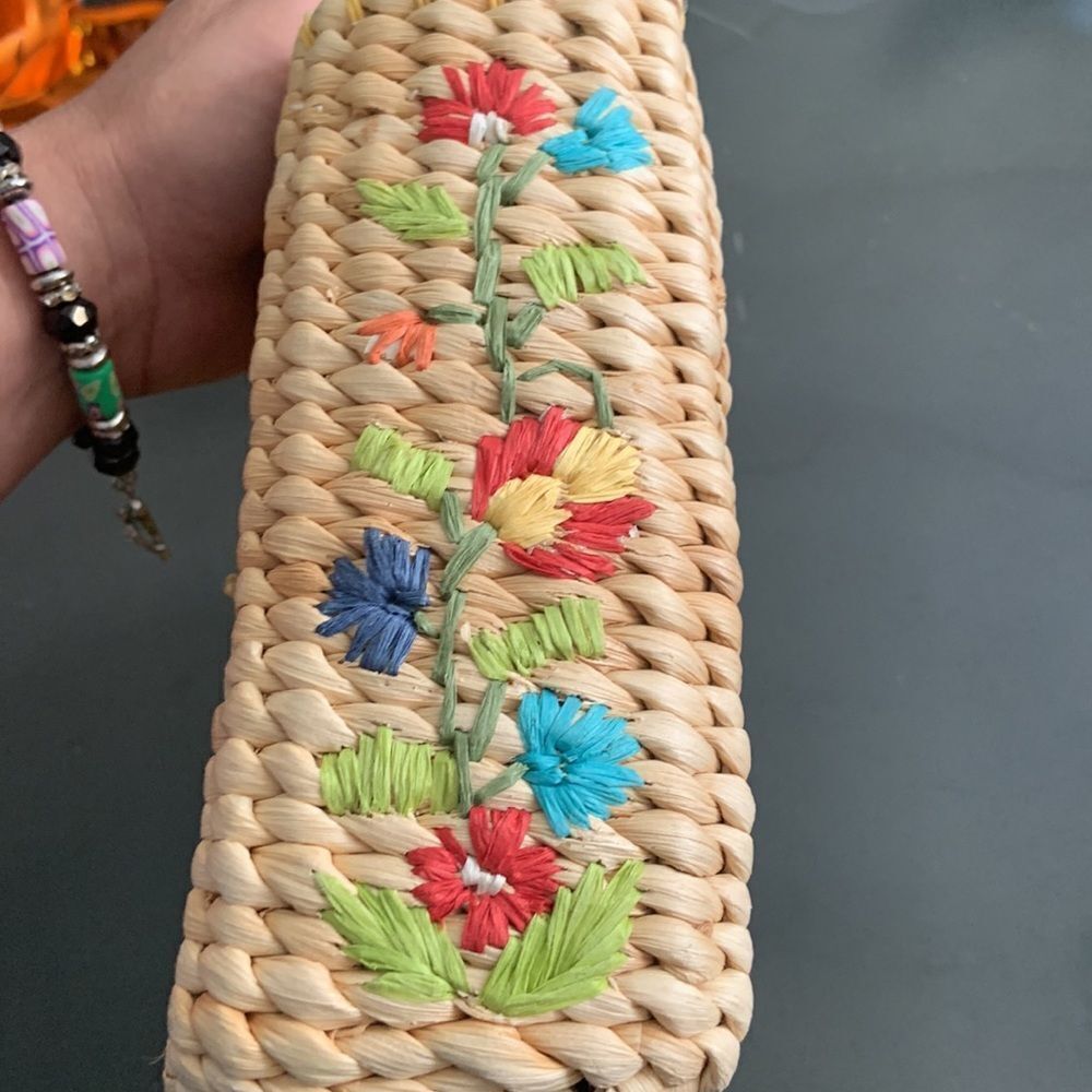1990’s handwoven corn husk mini tote bag with a dragonfly appliqué and a yellow - Picture 5 of 16